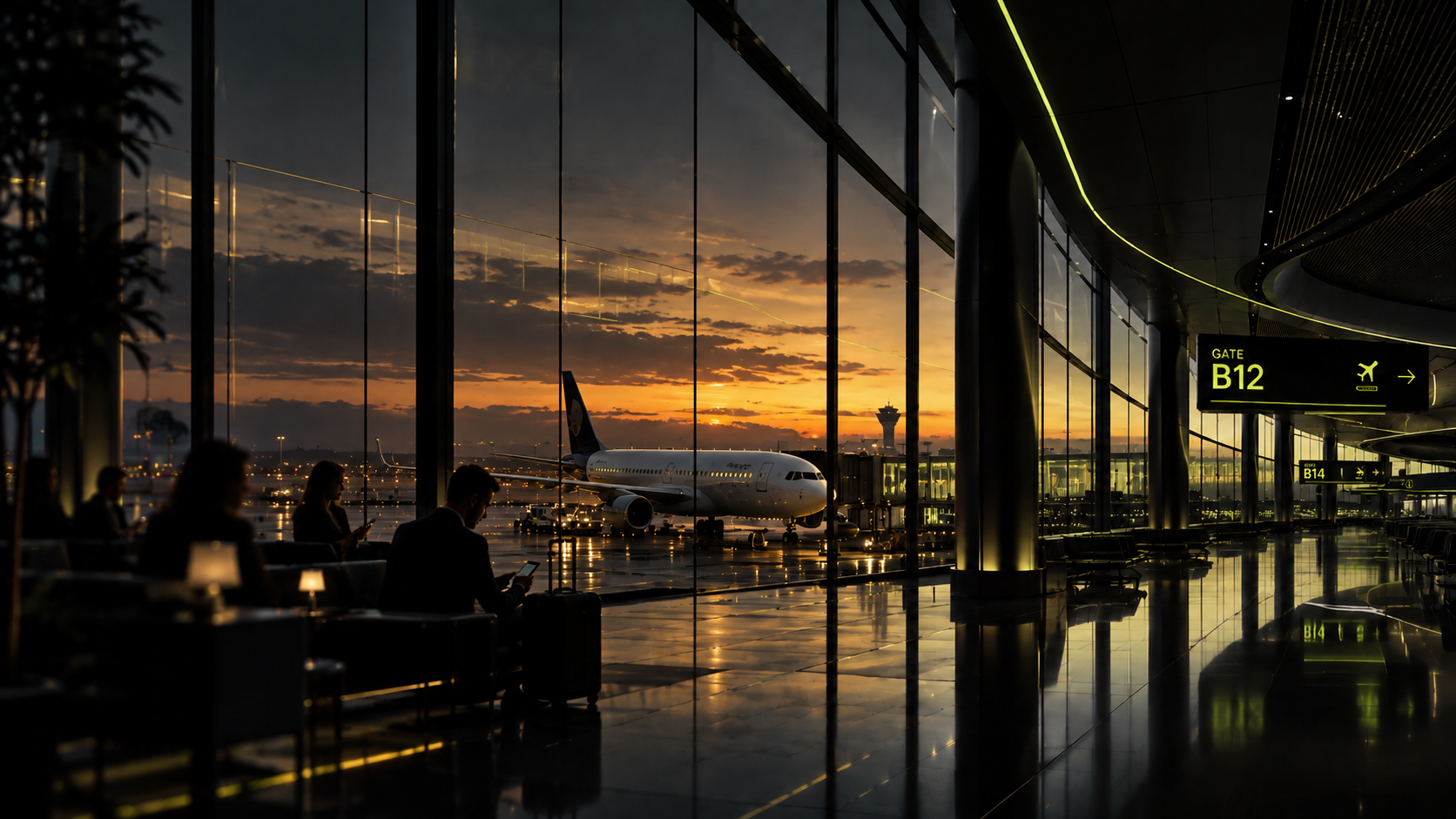 Airport terminal at sunset